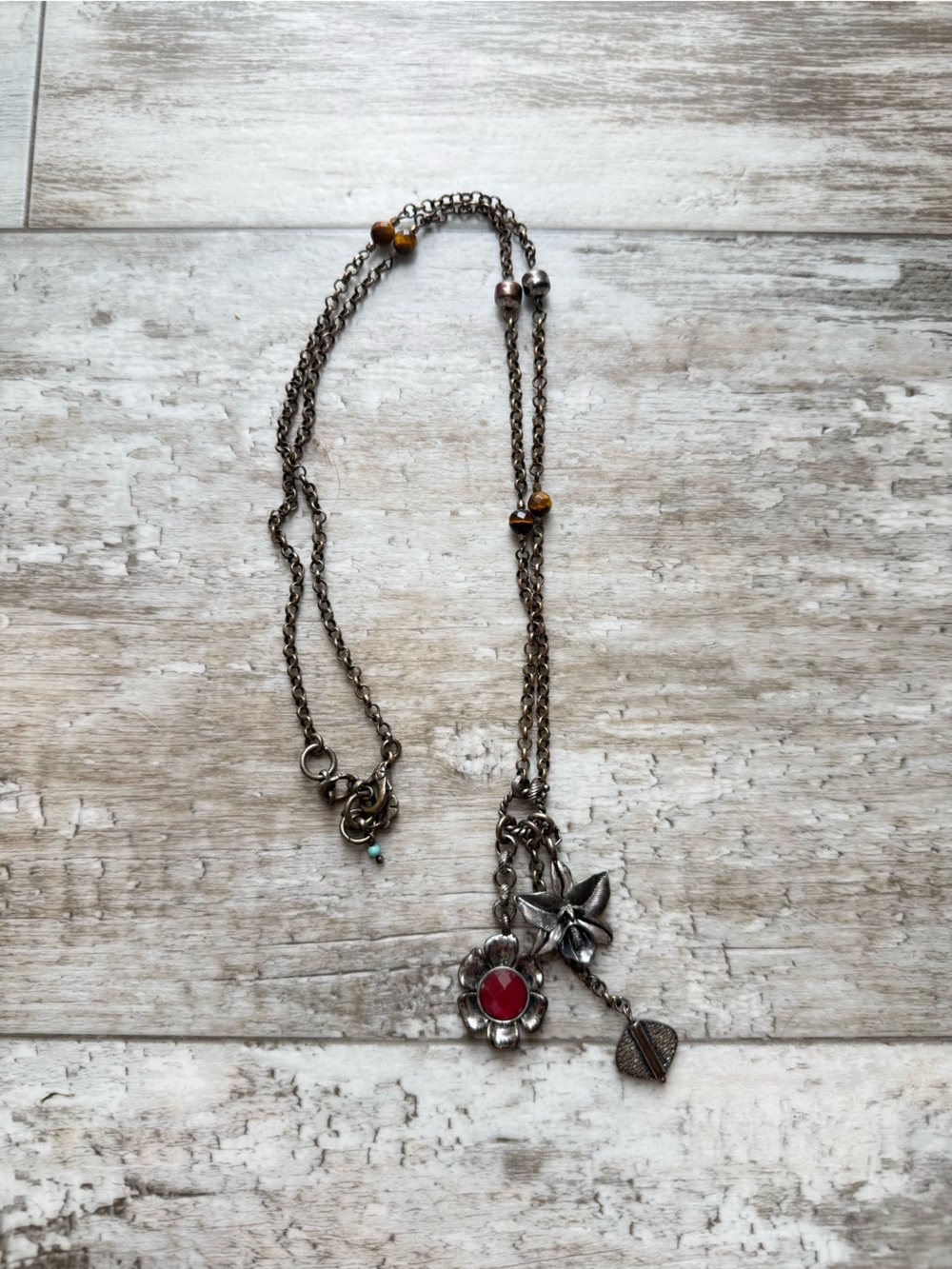 Lucky Brand Flower Silver-Tone Necklace with Red Center Stone